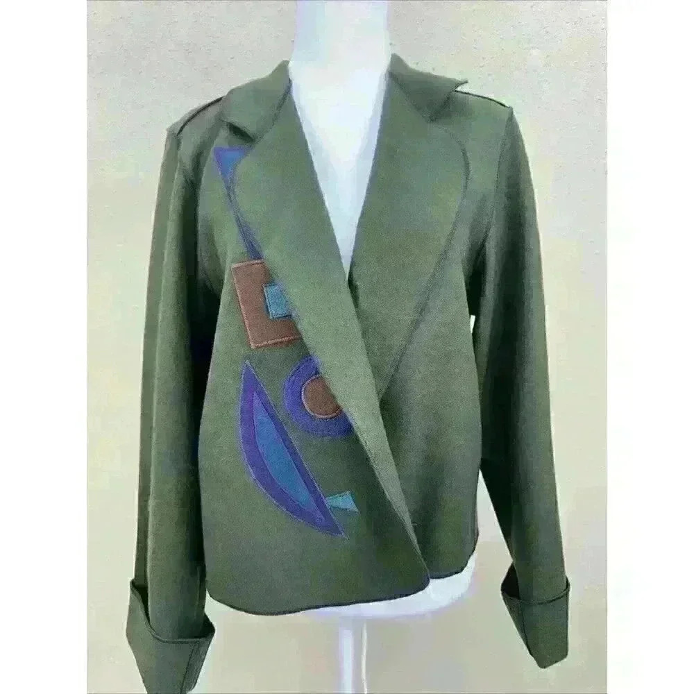 💥VTG Beppa Wearable Art 100% Pure Wool Jacket Green Multicolor Appliqued Sz mSC2